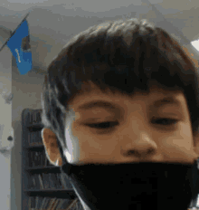 a young boy wearing a black face mask looks at the camera .