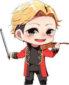 a cartoon drawing of a man holding a violin and bow