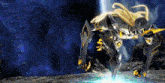 a video game character with a sword and shield is standing on a rocky surface
