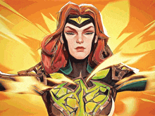 a drawing of a woman with red hair wearing a green and brown armor