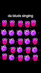 a black background with a pattern of cartoon faces and the words da bluds singing at the top