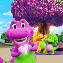 a cartoon of a purple dinosaur holding a heart shaped object