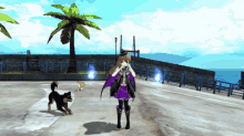 a girl in a purple dress is standing next to two dogs
