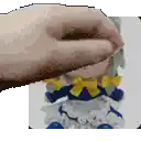 a pixel art of a person holding a stuffed doll with a bow on it .