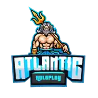 a logo for atlantic roleplay shows a man holding a trident .