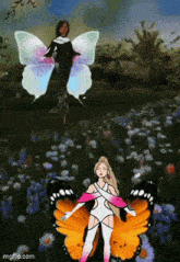 a girl with butterfly wings is standing in a field