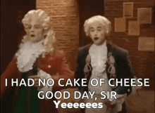 two men in wigs are standing next to each other in a room and singing .