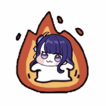 a cartoon of a girl with purple hair sitting in a flaming circle .