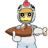 a cartoon character in a chicken costume holds a piece of meat