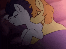 a drawing of two ponies hugging each other with a purple background