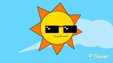 a cartoon sun wearing sunglasses with the flixier logo in the background