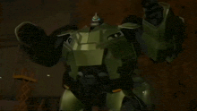 a green robot with blue eyes is standing in front of a sign that says ' a ' on it