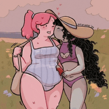 a cartoon drawing of two women kissing with one wearing a straw hat