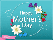 a blue background with flowers and the words happy mother 's day in white letters