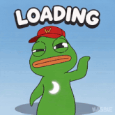 a cartoon frog wearing a red hat with the word loading above it