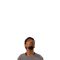 a man with a beard and glasses looks up at the number 21