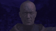 a close up of a man 's face with a purple background in a video game .