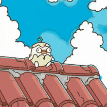 a cartoon character is sitting on a roof with a blue sky in the background