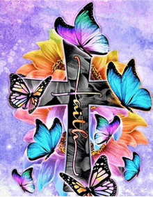 a cross surrounded by butterflies and flowers with the word faith on it