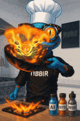 a cartoon of a chef with the word ribbit written on the wall behind him
