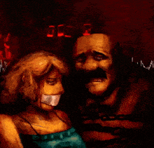 a painting of a man chained to a woman with a tape on her mouth