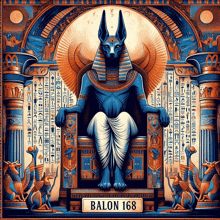 a painting of an anubis sitting on a throne with the name balon 168 below him