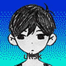 a black and white drawing of a boy 's face with the words ultsk written on it .