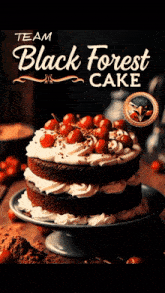 a black forest cake with cherries on top is on a plate