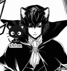 a black and white drawing of a man with cat ears and the name shion