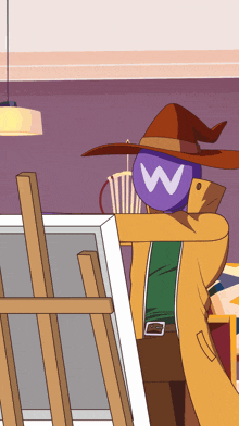 a cartoon character with a w on his head