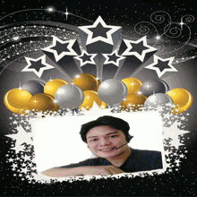a picture of a man wearing a headset with balloons in the background