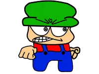 a cartoon character with a green hat and blue overalls is making a funny face .