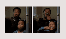 a man and a little girl brushing their teeth in front of a mirror