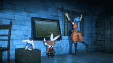 a group of cartoon characters are looking at a picture on the wall