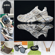 a collage of fashion items including a balenciaga shirt and a rolex watch