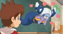 a boy is standing in front of a blackboard with a cartoon character flying in the air .