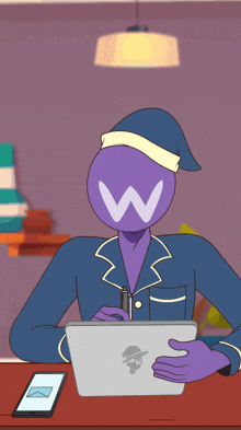 a purple cartoon character with a w on his head
