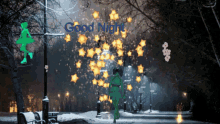 a sign that says good night with a person walking in the background