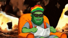 a cartoon character is sitting in a chair reading a book while wearing sunglasses and a rasta hat .