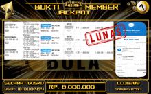 a screenshot of a game called bukit jackpot with a stamp that says lunas