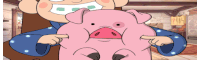 a cartoon character is holding a pink pig and pointing at it 's face