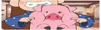 a cartoon character is holding a pink pig and pointing at it 's face