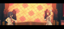 two anime girls are dancing in front of mannequins in a room