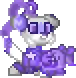 a pixel art drawing of a panda wearing headphones and a purple dress .