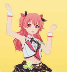 a girl with pink hair and red eyes is wearing a crop top