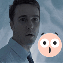 a close up of a man 's face with a surprised face behind him