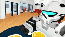 a storm trooper is sitting at a table with a bowl of soup