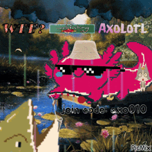 a pixel art of an axolotl wearing a bucket hat