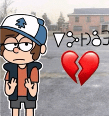 a cartoon character standing next to a broken heart with the letters v and e on it