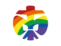 a rainbow colored pumpkin with a bow and a cross in the middle